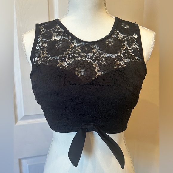 Black Lace Tie-Front Sheer Crop Bikini Swim Top Size Small - Picture 3 of 5